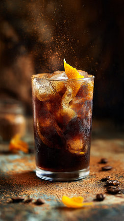 Cola with ice cubes, orange and coffee beans on a dark background