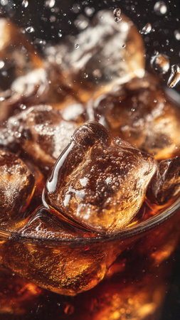 cola with ice cubes on dark background, close-up view