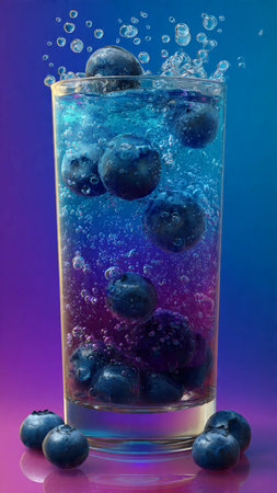 Blueberry cocktail in glass with splashing water on colorful background.の写真素材