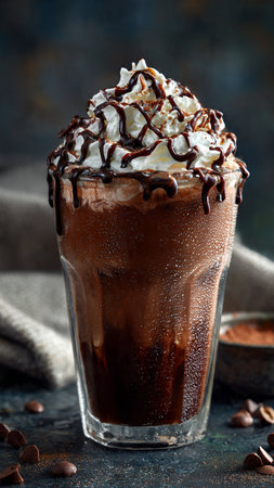 Iced coffee with whipped cream and chocolate on a dark background.