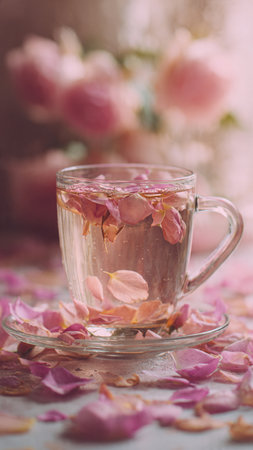 Cup of tea with rose petals on a light background.の写真素材