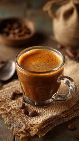 Coffee in glass cup with beans on sackcloth on wooden backgroundの写真素材