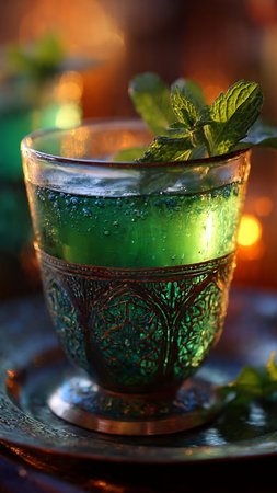 Green tea with mint in a glass cup.の写真素材