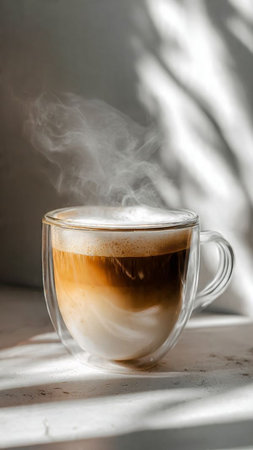 Coffee cup with steam on the table in the morning.の写真素材