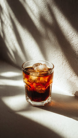 Cola with ice cubes in a glass on a white background with shadowsの写真素材