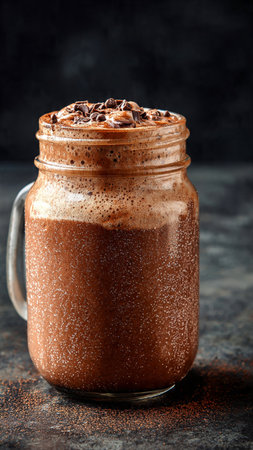 Chocolate smoothie with coffee beans in mason jar on dark backgroundの写真素材
