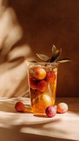 glass of ice tea with ripe lychees on table in sunlightの写真素材