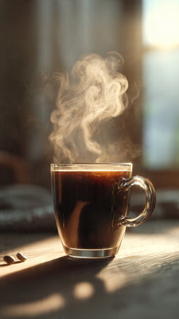 Cup of coffee with smoke on wooden table in morning sunlight, closeupの写真素材