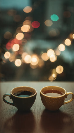 Two cups of coffee on wooden table in front of defocused Christmas lights