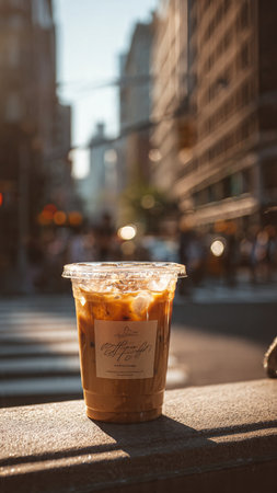 Iced coffee in a plastic cup on the street of New York City.の写真素材