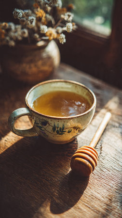 Cup of tea with honey on a wooden table near the windowの写真素材