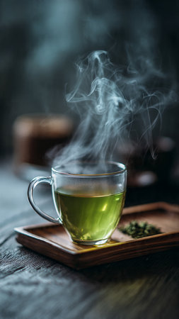 Cup of green tea with smoke on wooden table, stock photoの写真素材