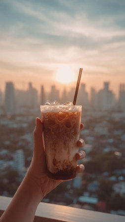 Woman hand holding ice coffee on the balcony with cityscape background.の写真素材