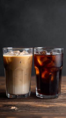 Iced coffee with ice cubes in two glasses on a wooden tableの写真素材