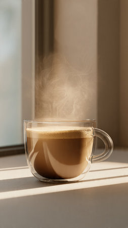 Coffee cup with steam on window sill at morning time.の写真素材