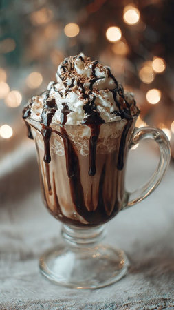 Hot chocolate with whipped cream and chocolate sauce in a glass cup on a background of Christmas lightsの写真素材