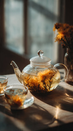 Herbal tea with dandelions in glass teapot and cup on wooden tableの写真素材