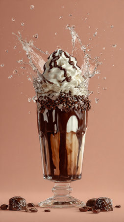 Ice cream with chocolate and whipped cream in glass with splashes on color backgroundの写真素材