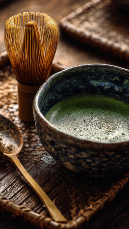 Japanese matcha green tea in a ceramic bowl on a wooden tableの写真素材