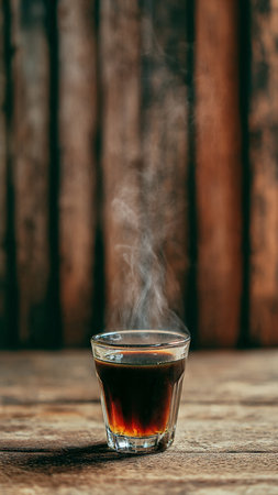 Coffee in a glass with smoke on a wooden background.の写真素材