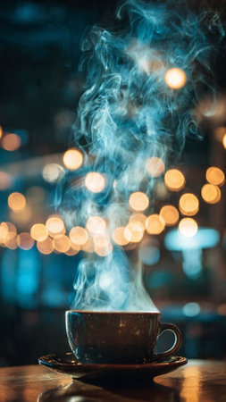 Cup of coffee with smoke on the background of the city.の写真素材