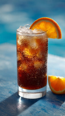 Glass of cola with ice cubes and slice of orange on blue background