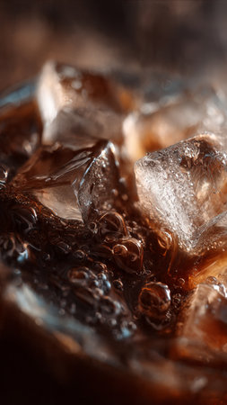 Cola with ice cubes on wooden background. Close-up image.の写真素材