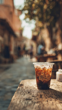 Iced coffee in plastic cup on wooden table in cafe, stock photo