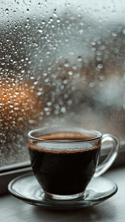 Coffee in a glass cup on the windowsill with raindropsの写真素材