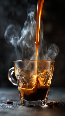 Coffee pouring into a glass cup on a black background.の写真素材