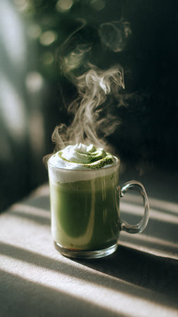 Green tea latte or matcha latte with whipped cream and green tea.の写真素材