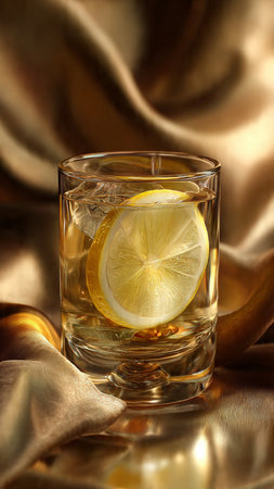 Glass of whiskey with ice cubes and lemon on golden cloth, closeupの写真素材