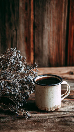 Cup of coffee with dried flowers on a wooden background. Toned.の写真素材