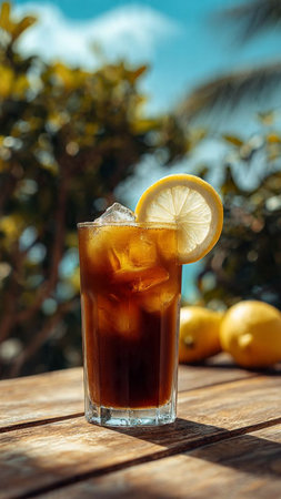Iced coffee with lemon on the background of the palm trees.の写真素材