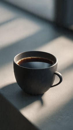 Cup of coffee on the table in the morning sunlight. Selective focus.の写真素材