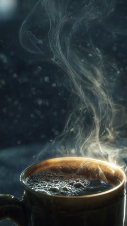 Cup of coffee with smoke on dark background, close-upの写真素材