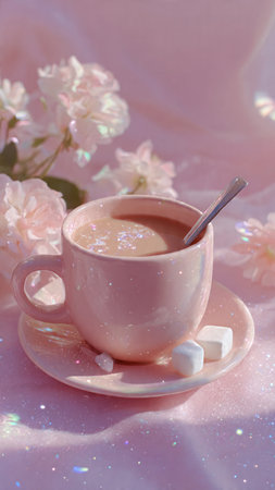 Cup of hot chocolate with marshmallows on backgroundの写真素材