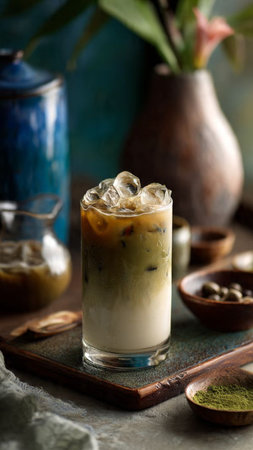 Iced coffee with milk in a glass on a stone background.の写真素材