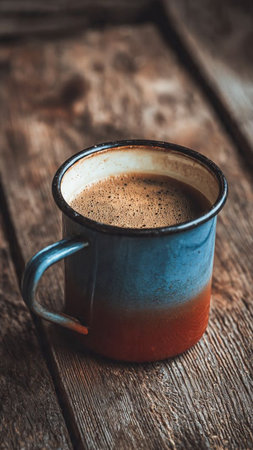 Coffee cup on wooden background, vintage style, selective focusの写真素材