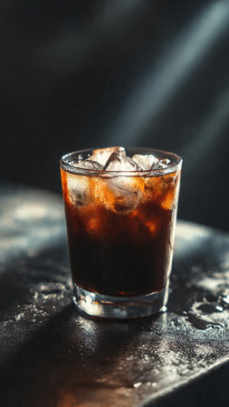 Cola with ice cubes on a black background. Refreshing drinkの写真素材