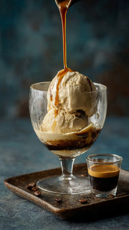 Coffee ice cream with caramel sauce and coffee beans in a glass.