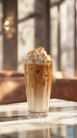 Iced caramel macchiato in a tall glass on the table