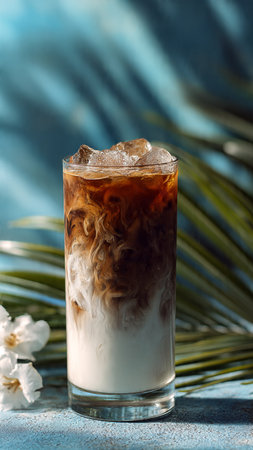 Iced coffee with milk in a glass on a blue background.