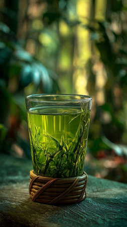 Green tea in glass on wooden table with nature background, Thailand.の写真素材