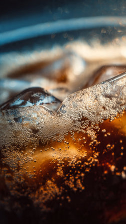 Cola with ice cubes on a dark background, close-up.の写真素材