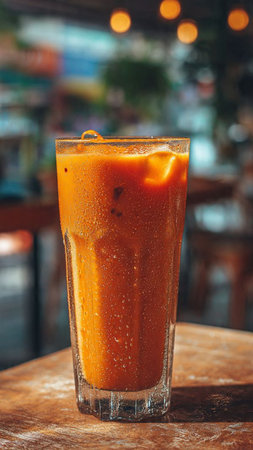 Iced Thai Milk Tea in a Glass on Table, Thailand.