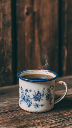 Cup of coffee on a wooden background. Vintage style. Copy space.の写真素材