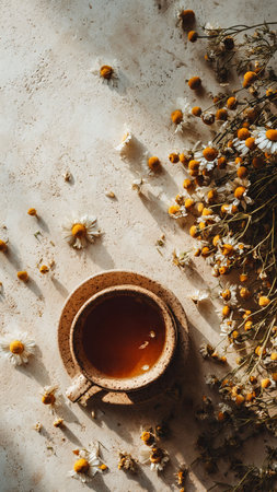 Cup of tea with chamomile flowers on stone backgroundの写真素材