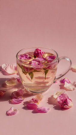Glass cup of tea with rose petals on a pink background.の写真素材