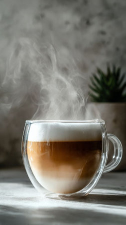 Coffee cup on the wooden table with smoke in the morningの写真素材